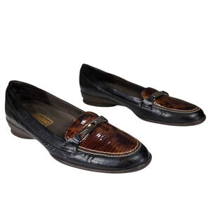 Munro American Snakeskin Loafers sz 7N Women Patent Leather Horsebit Black Brown